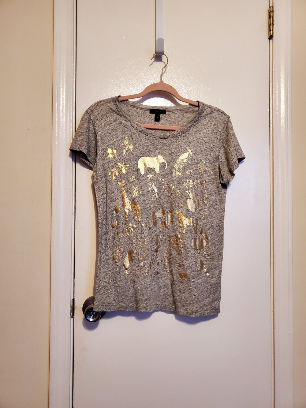 J. Crew Gray Short-Sleeve Tee with Gold Animal Foil Motif